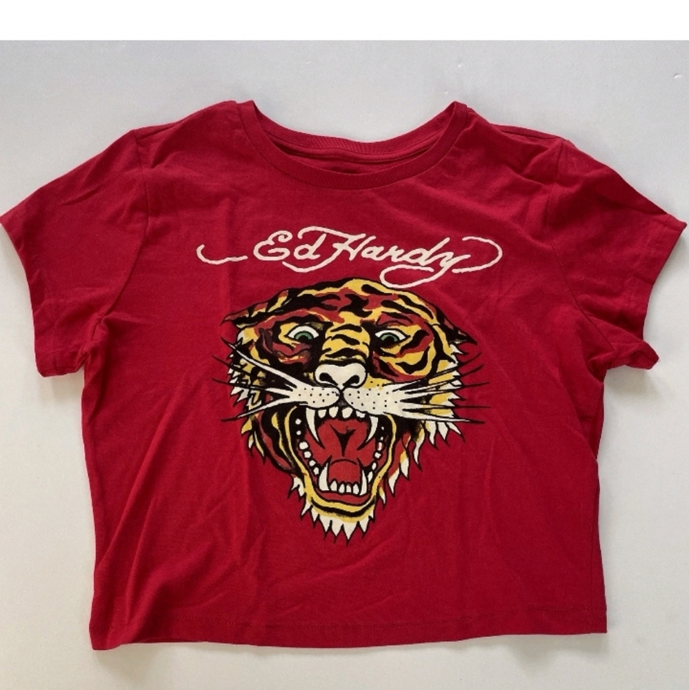 ED HARDY Tiger Gold & Black with White Logo Graphic Red Crop Top Shirt Large